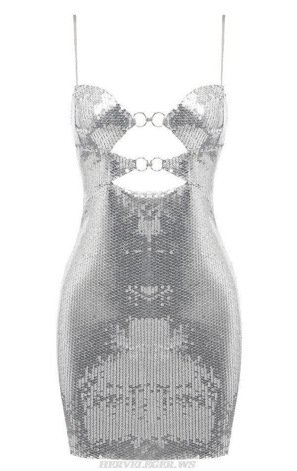 Herve Leger Silver Cut Out Sequin Dress