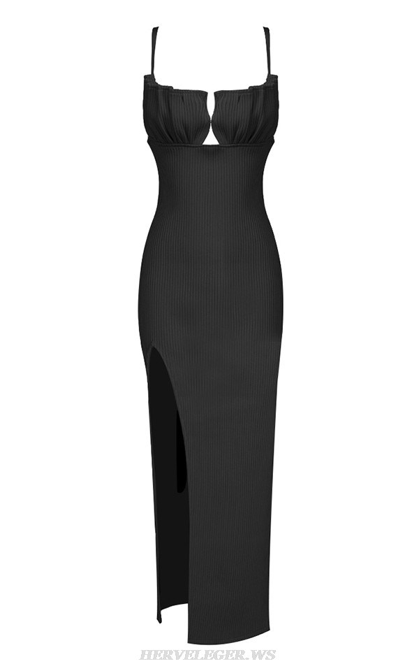 Herve Leger Black Draped Bustier Ribbed Dress