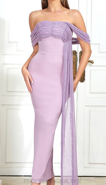 Herve Leger Lavender Draped Off Shoulder Gown