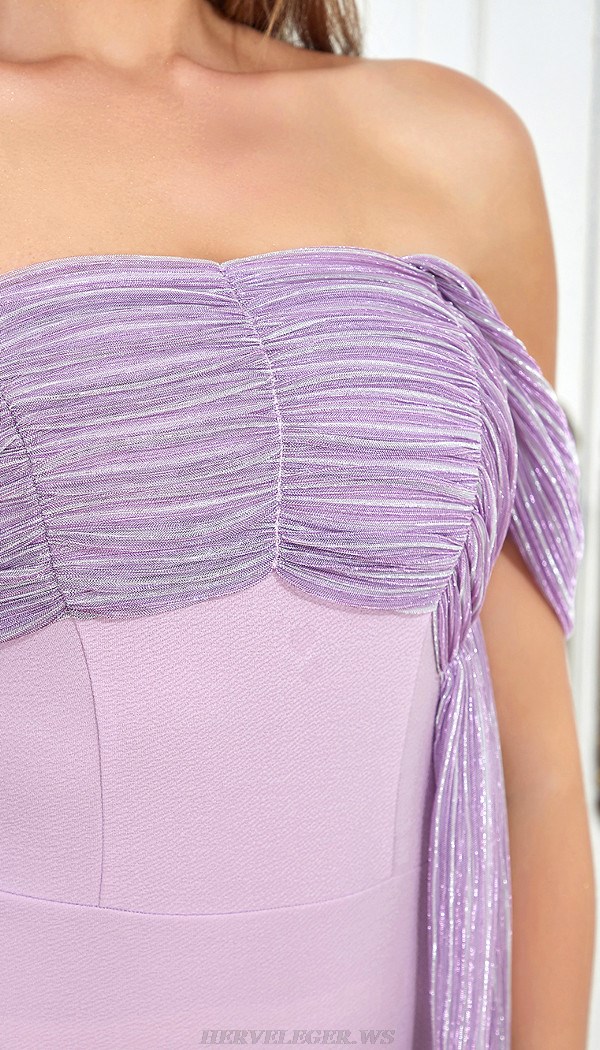 Herve Leger Lavender Draped Off Shoulder Gown