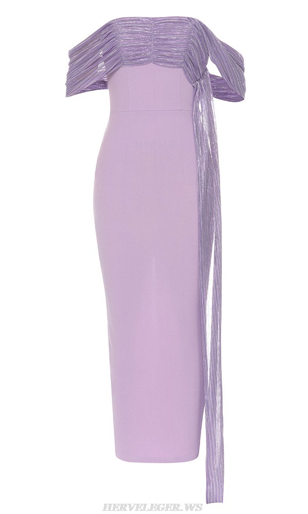 Herve Leger Lavender Draped Off Shoulder Gown