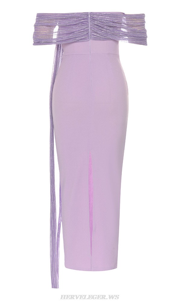 Herve Leger Lavender Draped Off Shoulder Gown