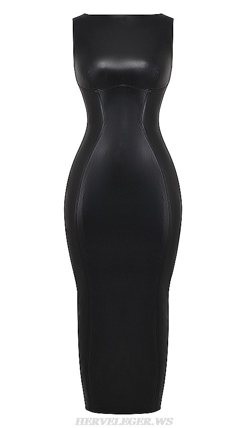 Herve Leger Black Faux Leather Gown