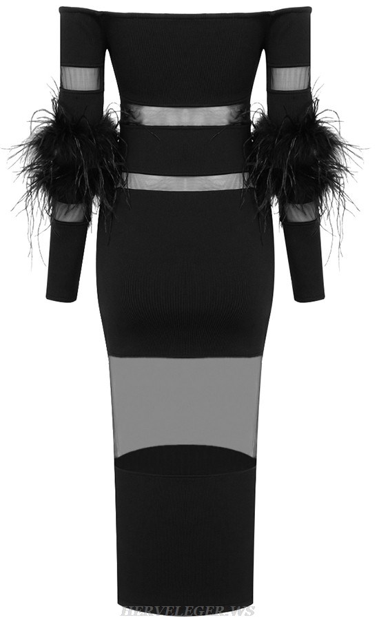 Herve Leger Black Feather Long Sleeve Off Shoulder Dress