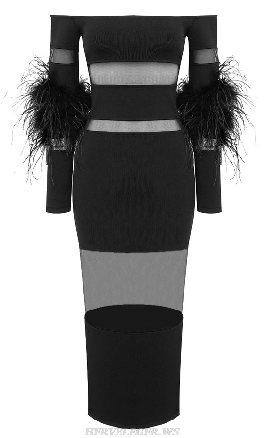 Herve Leger Black Feather Long Sleeve Off Shoulder Dress