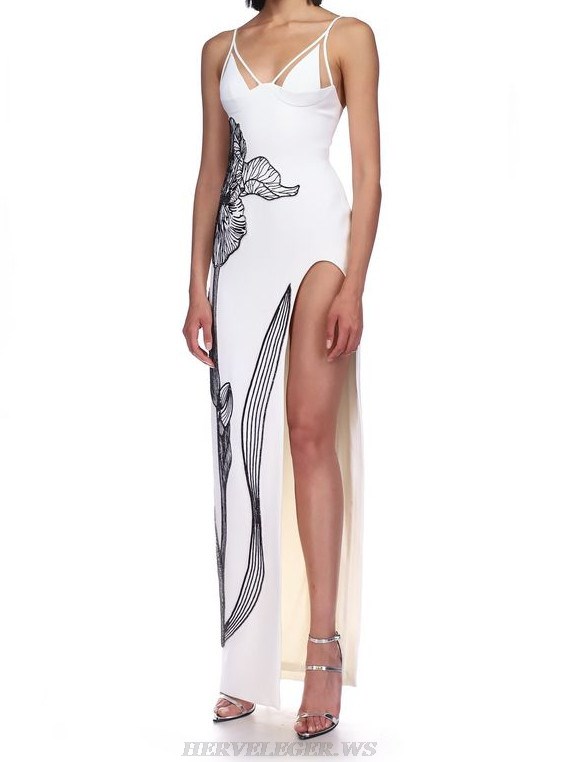 Herve Leger White Black Flower Gown