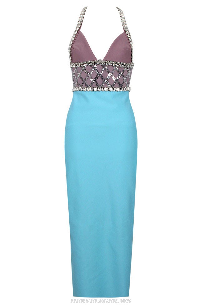 Herve Leger Blue Halter Crystal Sequin Dress