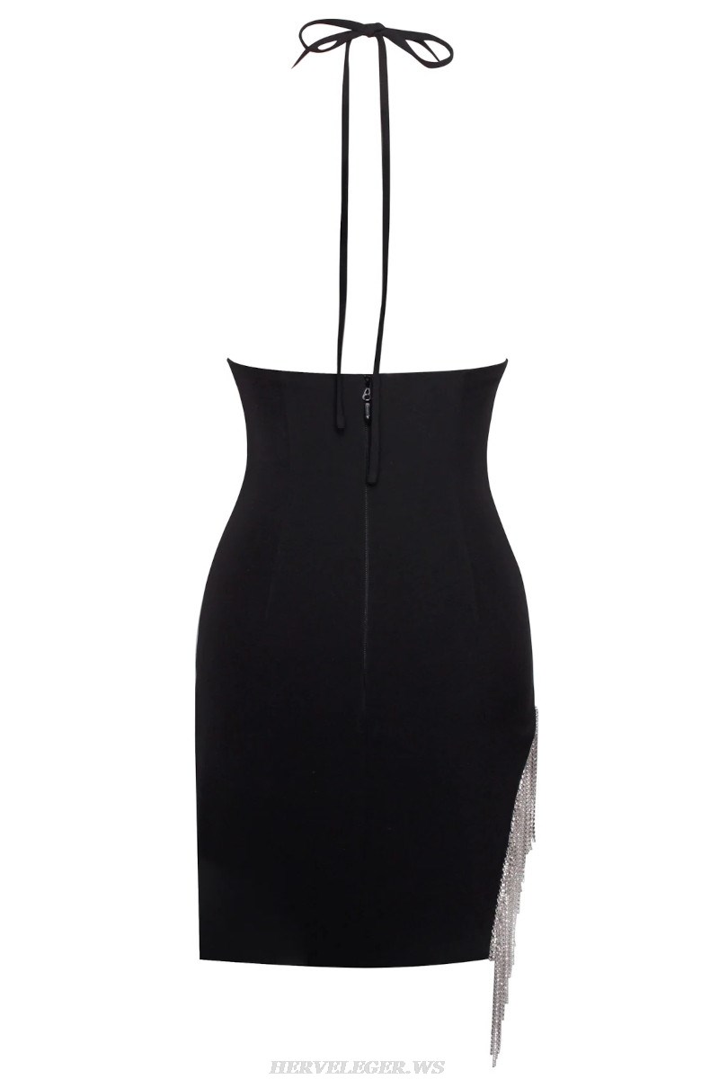 Herve Leger Black Halter Crystal Tassel Dress