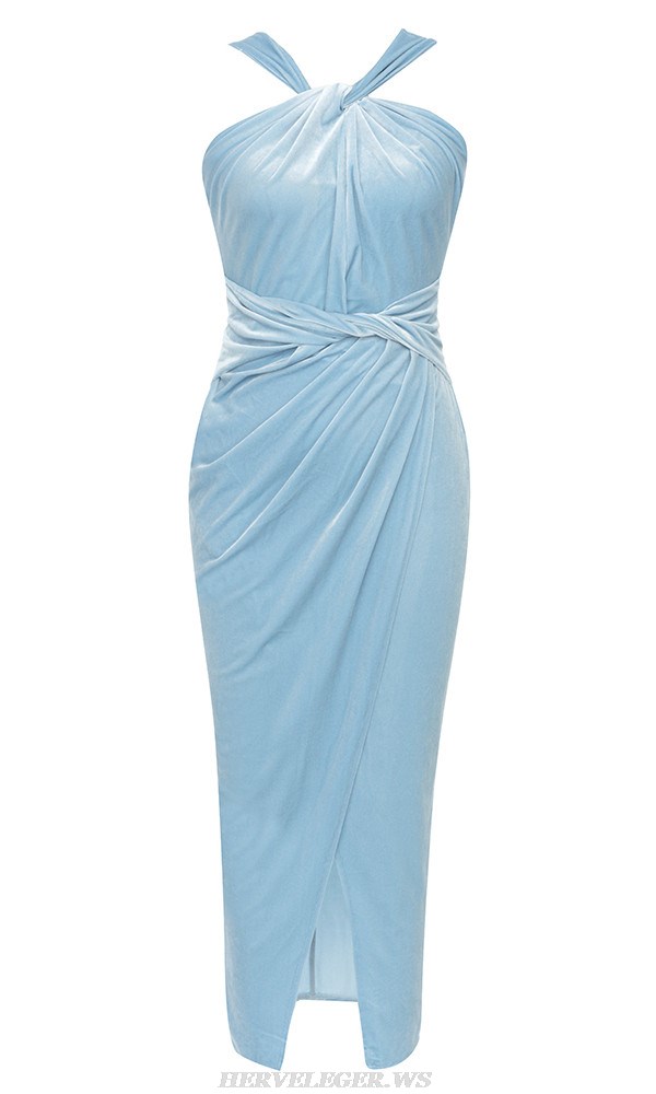 Herve Leger Blue Halter Draped Velvet Dress