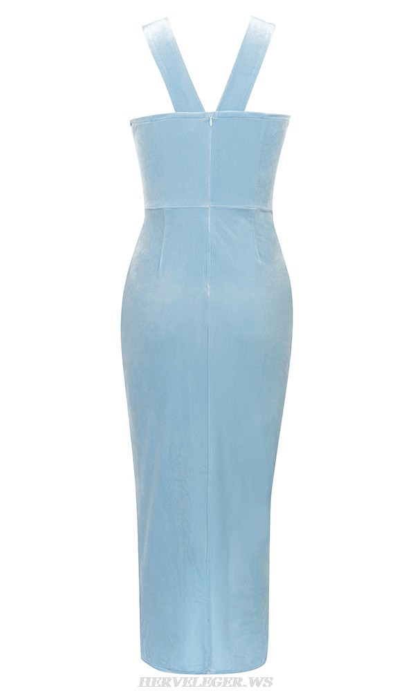 Herve Leger Blue Halter Draped Velvet Dress