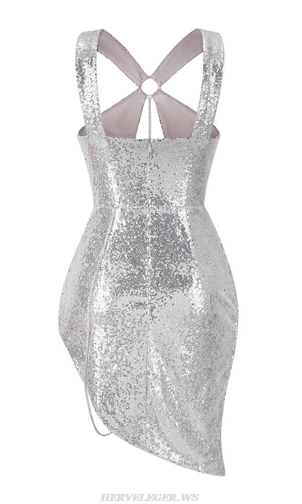 Herve Leger Silver Halter Sequin Asymmetric Dress