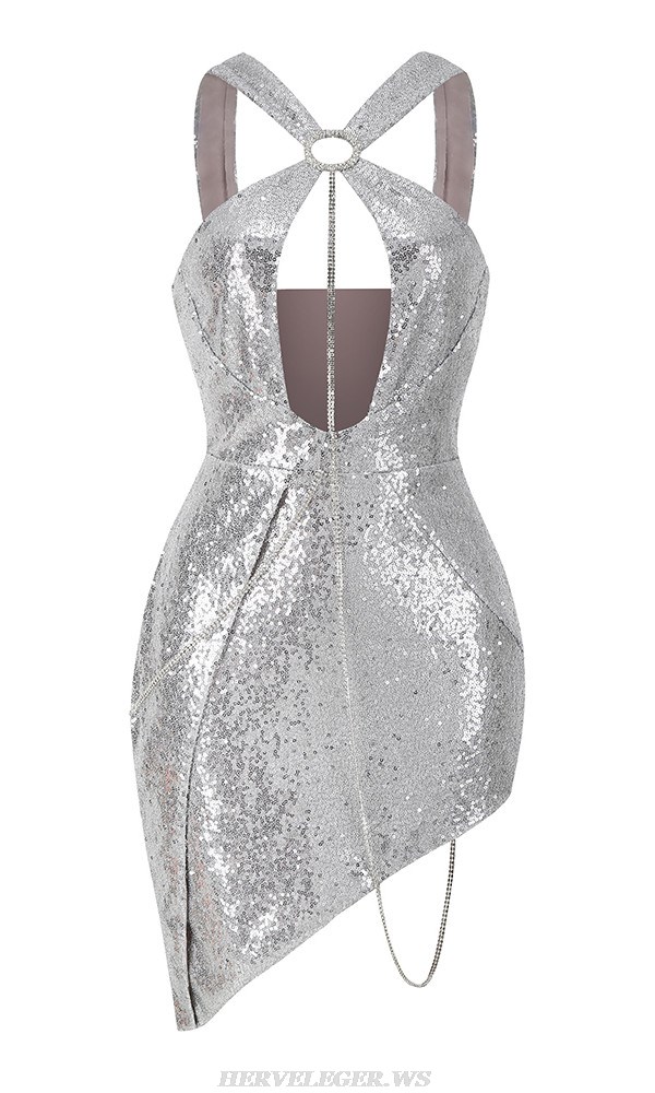 Herve Leger Silver Halter Sequin Asymmetric Dress