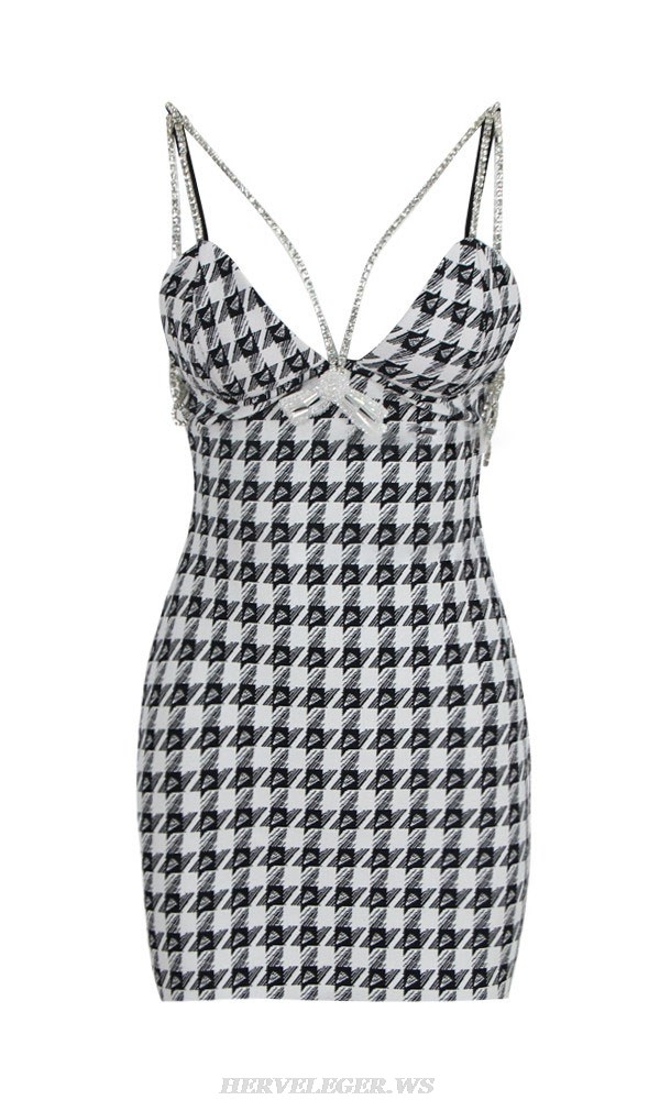 Herve Leger Black White Houndstooth Crystal Strap Dress