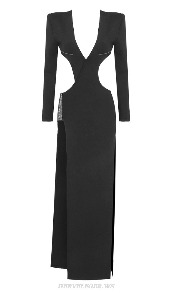 Herve Leger Black Long Sleeve Crystal Gown