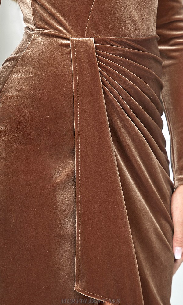 Herve Leger Brown Long Sleeve Draped Velvet Gown 