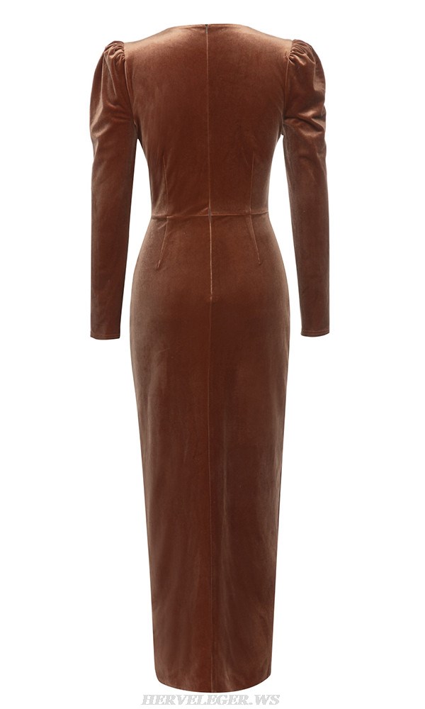 Herve Leger Brown Long Sleeve Draped Velvet Gown 