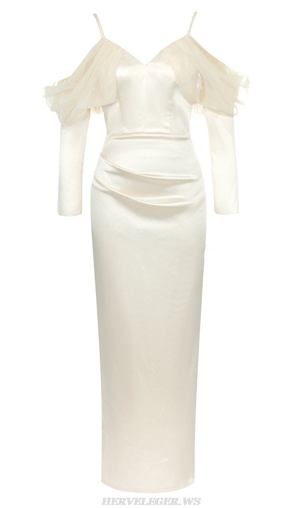 Herve Leger Ivory Long Sleeve Draped Mesh Gown