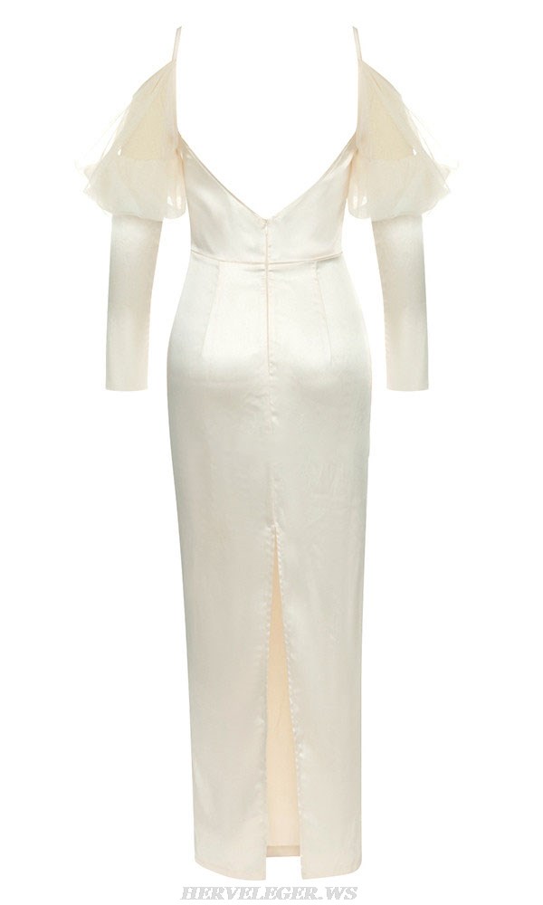 Herve Leger Ivory Long Sleeve Draped Mesh Gown