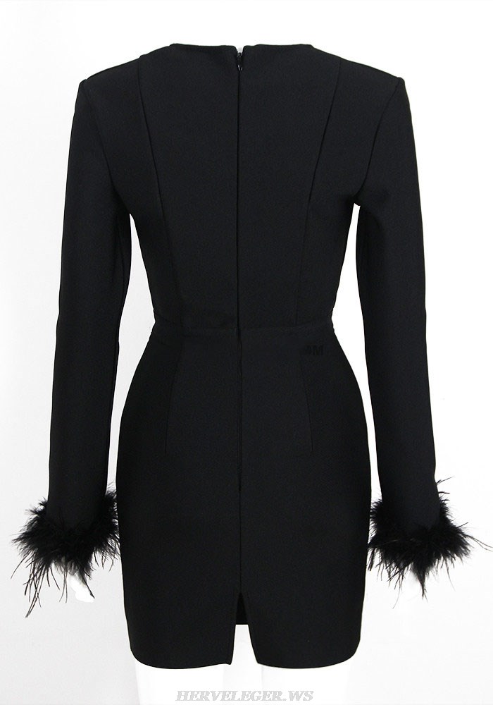 Herve Leger Black Long Sleeve Feather Bustier Dress