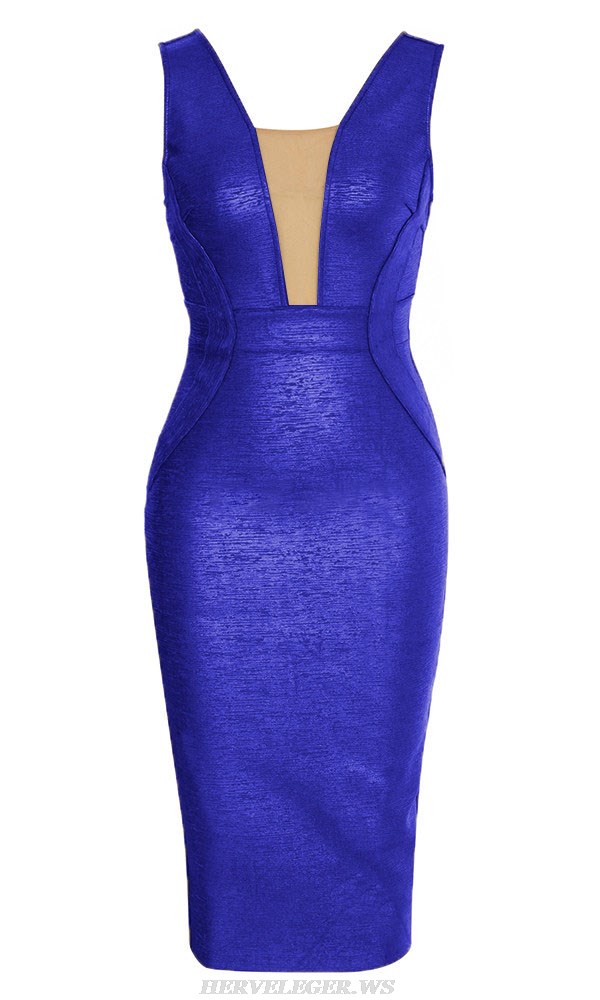 Herve Leger Blue Mesh Woodgrain Foil Print Dress