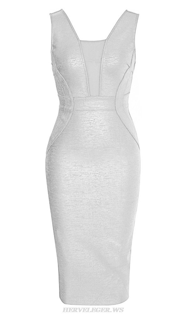 Herve Leger Silver Mesh Woodgrain Foil Print Dress