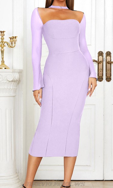 Herve Leger Lavender Mesh Long Sleeve Dress