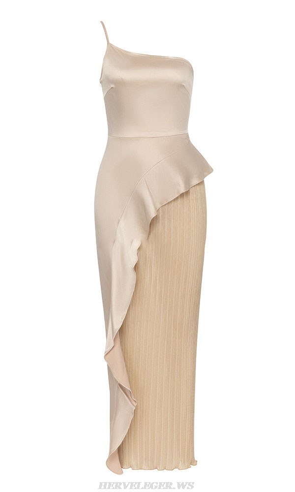 Herve Leger Champagne One Shoulder Ruffle Gown