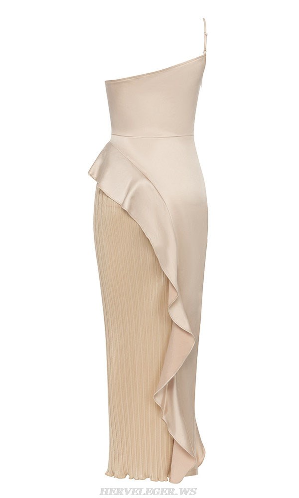 Herve Leger Champagne One Shoulder Ruffle Gown