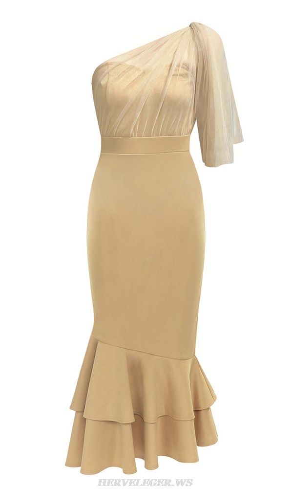 Herve Leger Nude One Shoulder Ruffle Dress