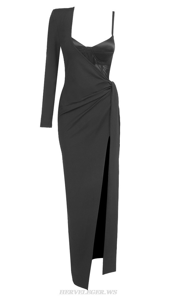 Herve Leger Black One Sleeve Bustier Gown