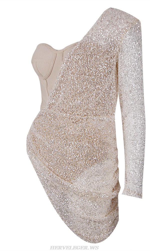 Herve Leger Nude One Sleeve Crystal Bustier Dress