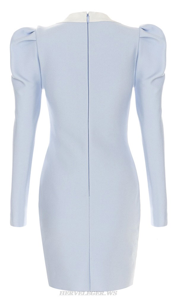 Herve Leger Blue White Puff Long Sleeve Dress