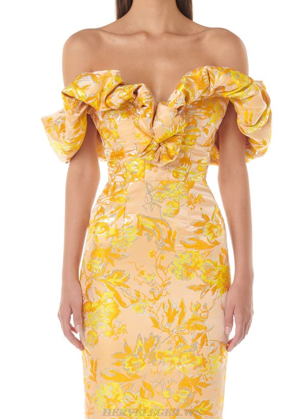 Herve Leger Amber Puff Off Shoulder Floral Dress