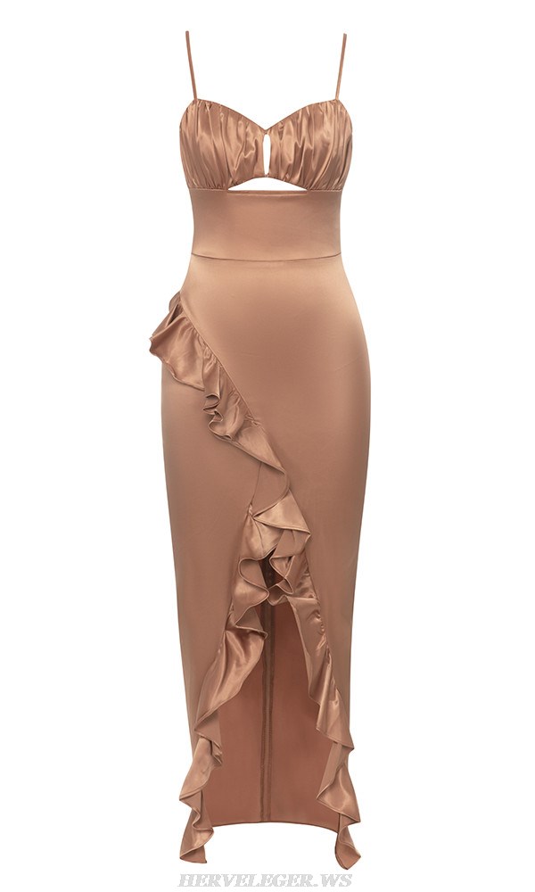 Herve Leger Brown Ruched Bustier Ruffle Gown