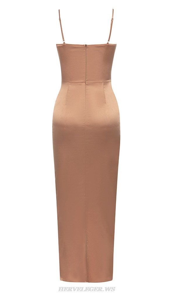 Herve Leger Brown Ruched Bustier Ruffle Gown