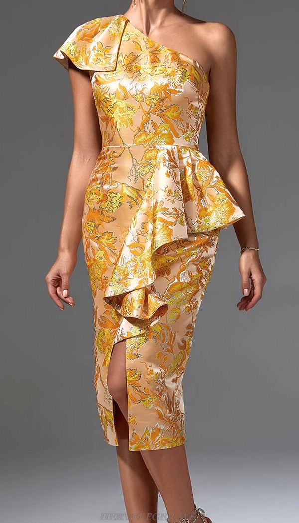 Herve Leger Amber Ruffle One Shoulder Floral Dress