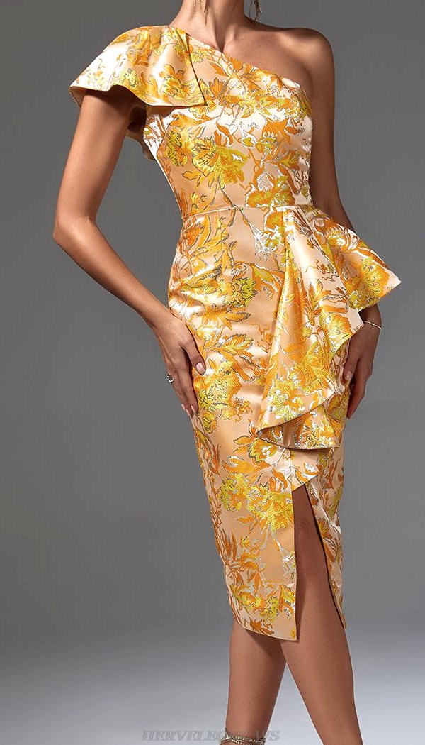 Herve Leger Amber Ruffle One Shoulder Floral Dress