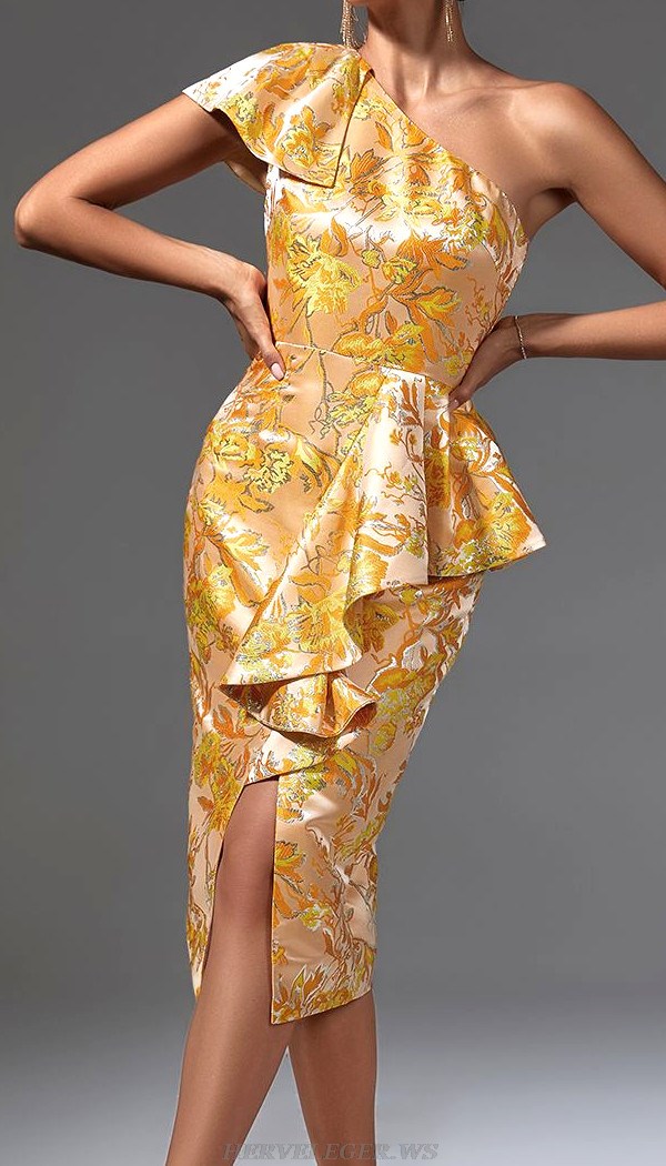 Herve Leger Amber Ruffle One Shoulder Floral Dress