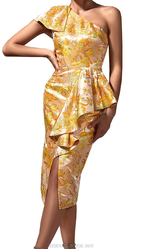 Herve Leger Amber Ruffle One Shoulder Floral Dress