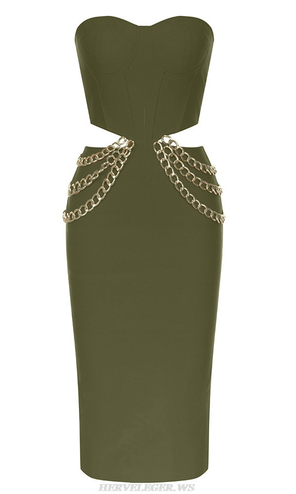 Herve Leger Green Strapless Bustier Chain Dress