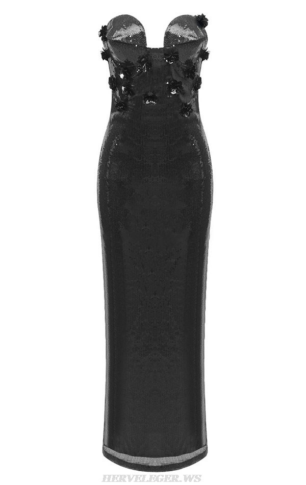 Herve Leger Black Strapless Bustier Sequin Gown