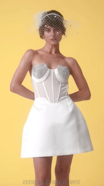 Herve Leger White Strapless Heart Bustier A Line Dress