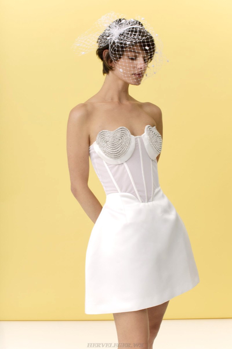 Herve Leger White Strapless Heart Bustier A Line Dress