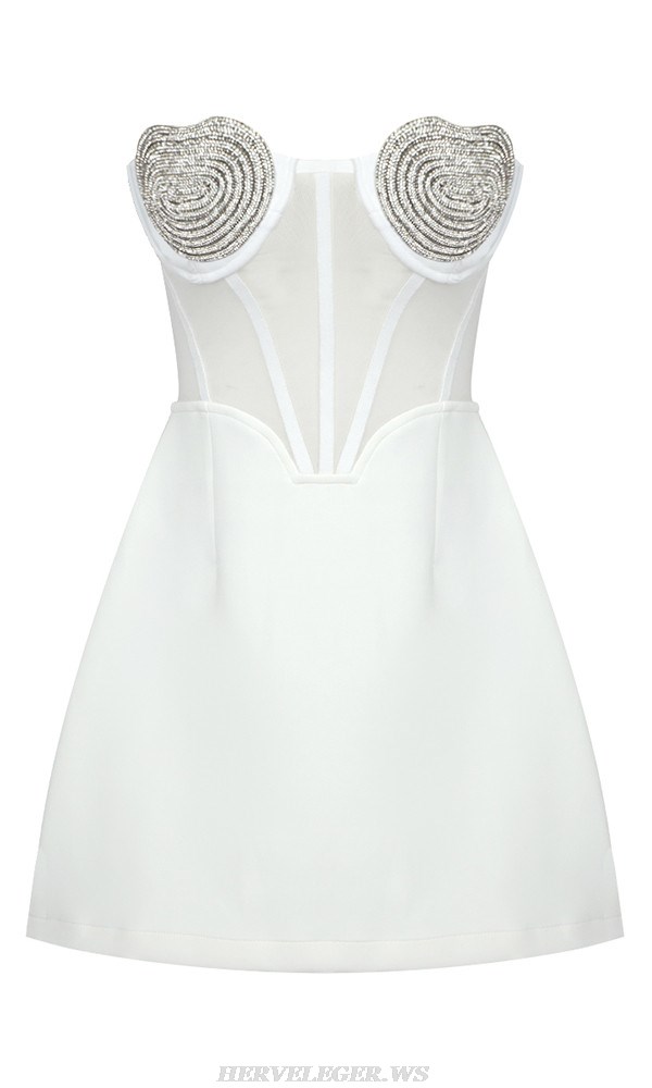 Herve Leger White Strapless Heart Bustier A Line Dress