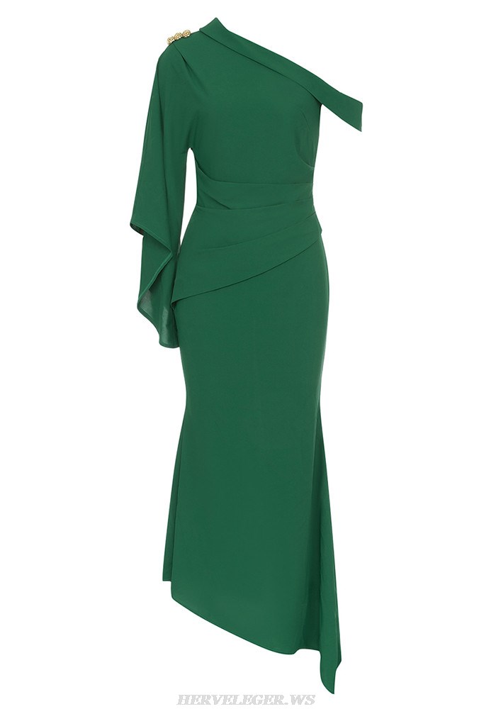 Herve Leger Green Cape Sleeve Draped Gown