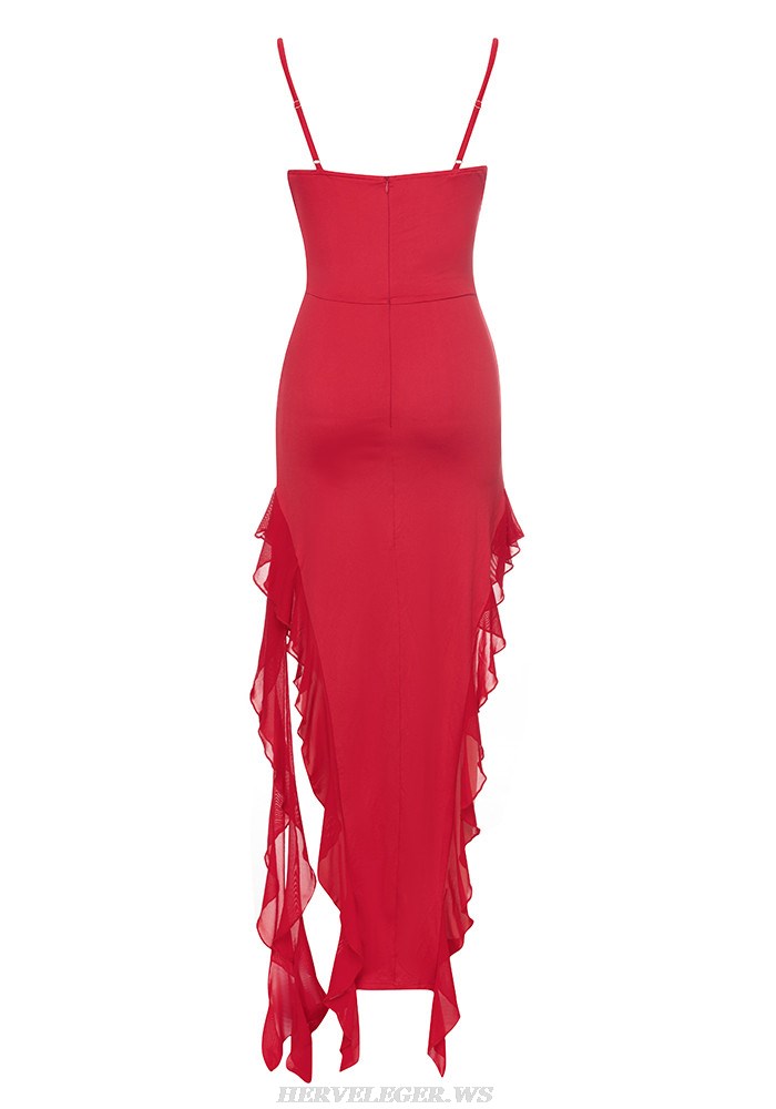 Herve Leger Red Draped Mesh Bustier Ruffle Gown