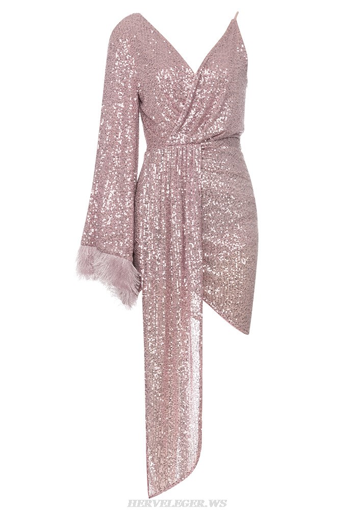 Herve Leger Pink Feather Long Sleeve Sequin Dress