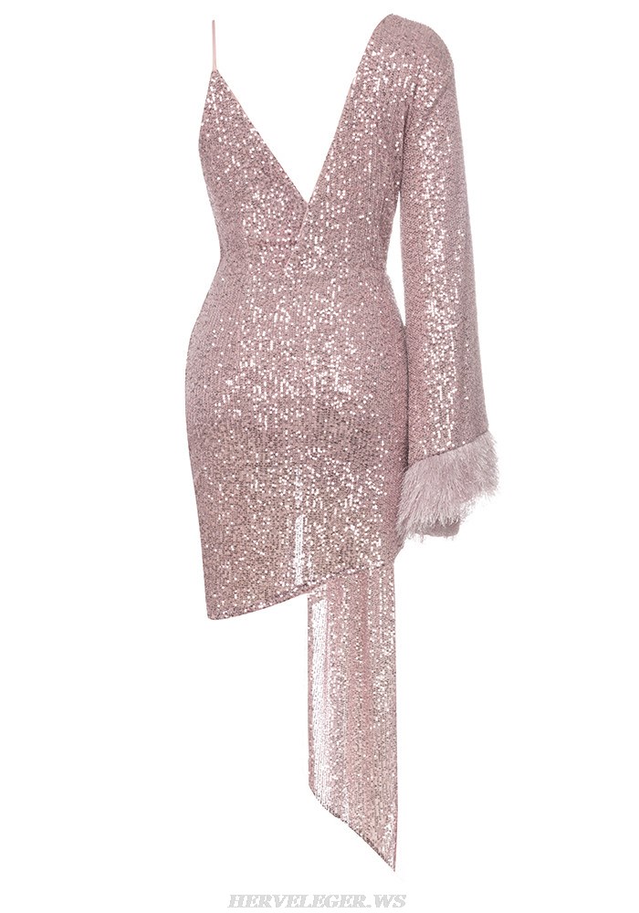 Herve Leger Pink Feather Long Sleeve Sequin Dress