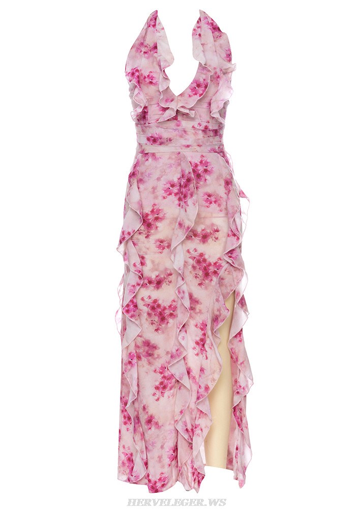 Herve Leger Pink Floral Halter Ruffle Gown