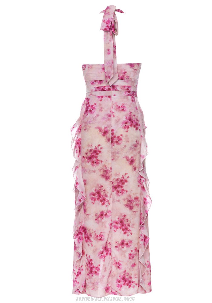 Herve Leger Pink Floral Halter Ruffle Gown